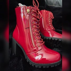Shiny Patent Leather Combat Boots 🩸Gothic Red Combat Booties